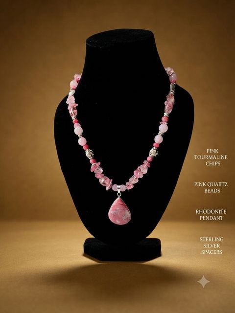 Pink Tourmaline Necklace, Pink tourmaline chips, pink quartz beads; rhodonite pendant