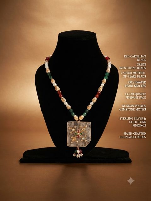 Quartz Kundan Pendant Necklace, Carnelian, aventurine and mother-of-pearl beads, freshwater pearls; clear quartz pendant with Kundan polki motifs