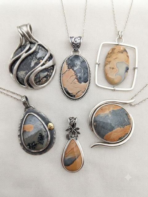 Picture Jasper Pendants, Peach and grey picture jasper cabochons in wire-wrap, bezel and open-frame silver-finish settings