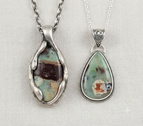 Mint Green Variscite Pendants, Mint-green variscite with dark matrix; wire-wrapped and beaded-bezel settings