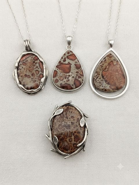 Leopardskin Jasper Pendants, Rust-brown spotted jasper; oval, teardrop and wire-wrapped settings