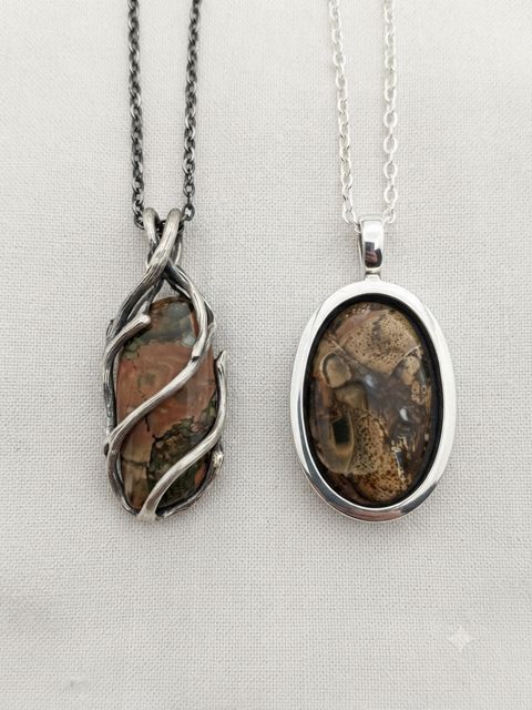 Landscape Jasper Pendants, Brown, olive and peach jasper; twisted wire-wrap and oval bezel settings