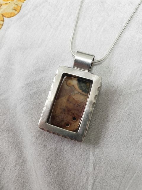 Brown Agate Rectangle Pendant, Brown agate with warm cream swirls in a hammered rectangular frame