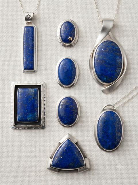 Lapis Lazuli Pendants, Deep blue lapis lazuli with golden pyrite flecks; bar, oval, rectangle and triangle settings