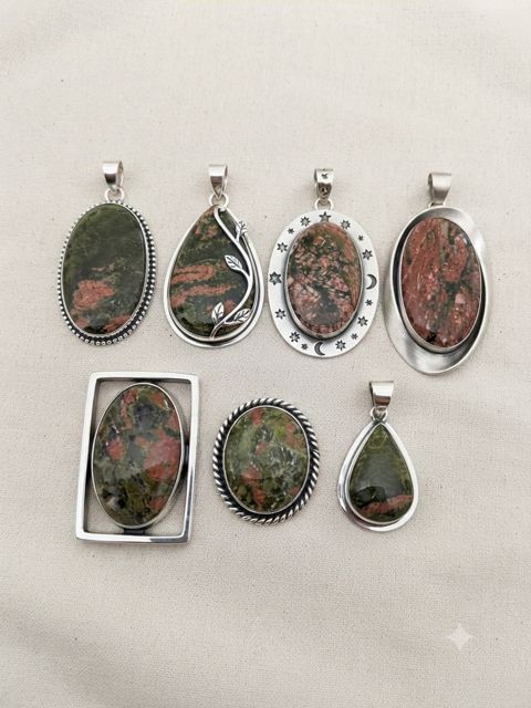 Unakite Pendants, Green and pink unakite; oval, teardrop and open-frame settings