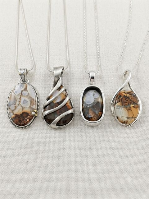 Brown & White Agate Pendants, Brown and white agate with crystalline pockets; oval, teardrop and wrapped settings
