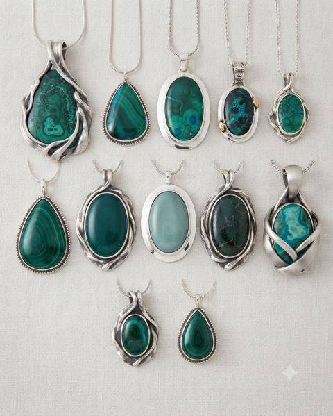 Malachite Pendants, Banded green malachite with chrysocolla; teardrop, oval and wrapped settings
