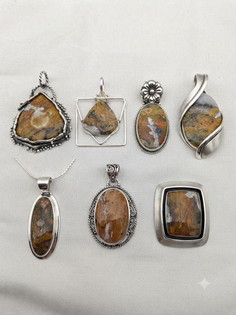 Honey Agate Pendants, Golden-brown agate with white veining; teardrop, oval and square settings