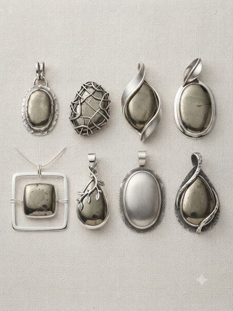 Pyrite Pendants, Metallic golden pyrite; oval, wrapped and open-frame settings