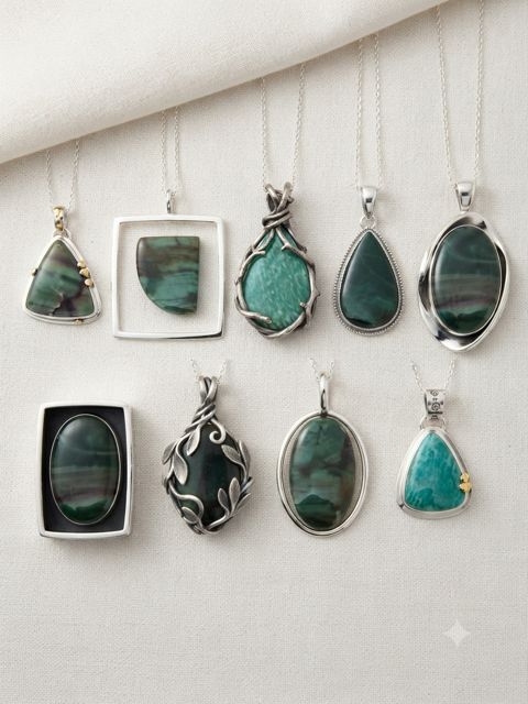 Green Fluorite & Chrysocolla Pendants, Banded green stones with teal chrysocolla; triangle, oval and open-frame settings