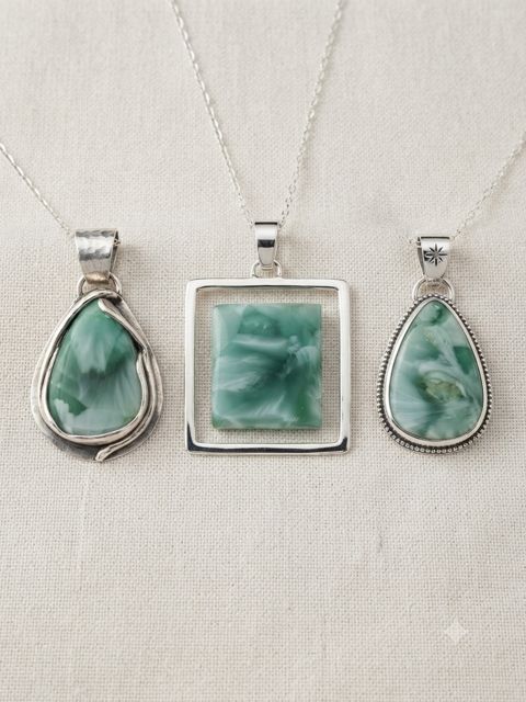 Seraphinite Pendants, Green seraphinite with a silky white feather pattern; teardrop and square settings
