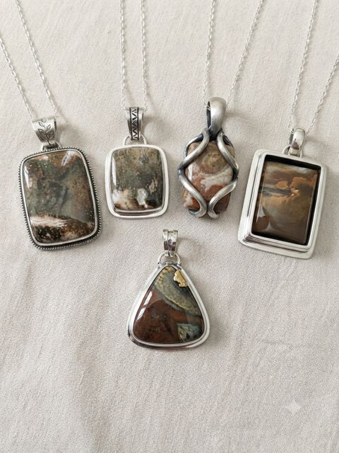 Olive & Rust Jasper Pendants, Olive, rust and cream jasper; rectangle, wrapped and triangle settings
