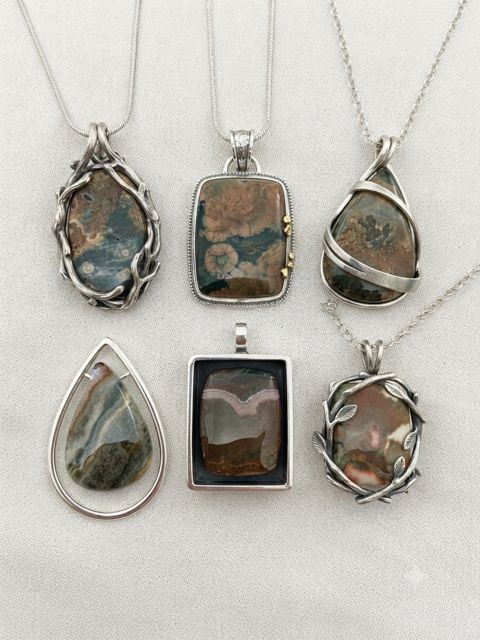 Ocean Jasper Pendants, Orbicular ocean jasper in pink, green and grey; wrapped, framed and teardrop settings
