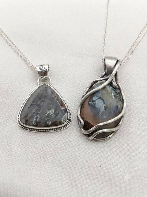 Grey Agate Pendants, Grey agate with dendritic markings; triangle and wrapped teardrop settings