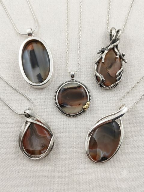 Brown Banded Agate Pendants, Brown, grey and rust banded agate; oval, round and wrapped settings