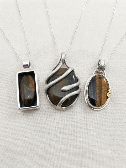 Tiger's Eye & Hawk's Eye Pendants, Golden tiger's eye and blue-black hawk's eye with silky shimmer