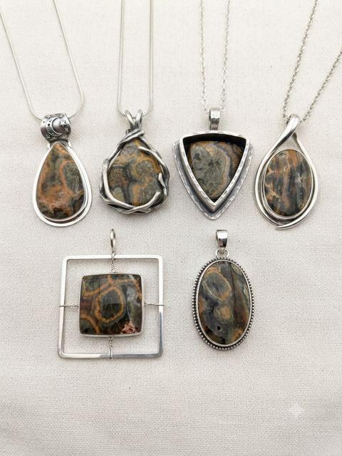 Orbicular Jasper Pendants, Brown and grey jasper with orange orbs; teardrop, triangle and square-frame settings