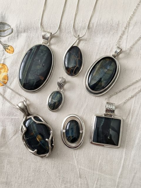 Blue Hawk's Eye Pendants, Blue-black hawk's eye (blue tiger's eye) with silky shimmer; oval, square and wrapped settings