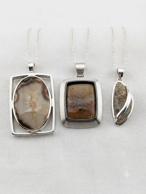 Cream & Brown Banded Agate Pendants, Cream and brown banded agate in open-frame, square and wrapped settings
