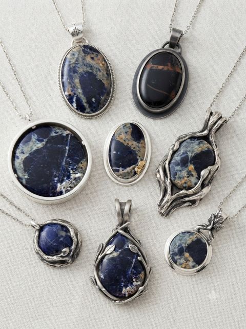 Sodalite Pendants, Deep blue sodalite with white veins, plus a black jasper accent; round, oval and wrapped settings