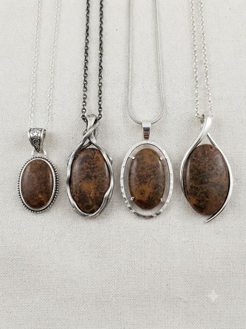 Brown Jasper Pendants, Brown jasper with dendritic patterns; oval and wrapped settings