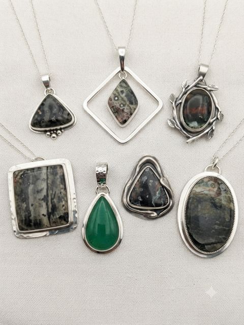Dark Ocean Jasper & Chrysoprase Pendants, Dark grey-green jasper with a bright green chrysoprase teardrop