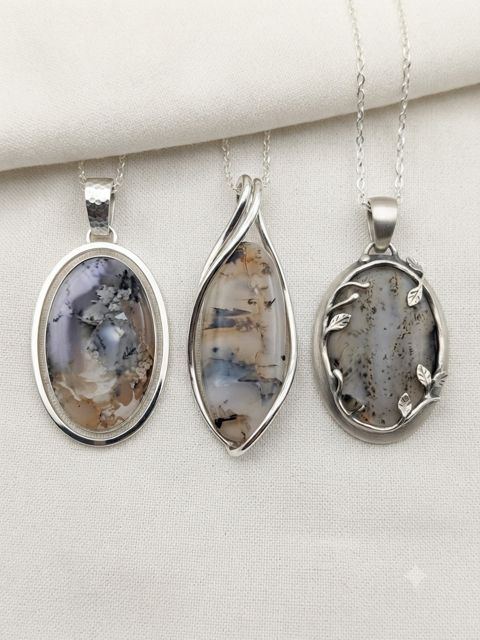 Dendritic Moss Agate Pendants, Grey and lavender dendritic agate with feathery inclusions