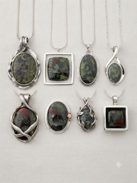 Dragon Blood Jasper Pendants, Green jasper with red flecks; oval, square-frame and wrapped settings