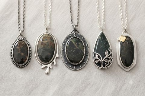 Dark Green Bloodstone Pendants, Dark green stone with red-brown flecks; oval, leaf and teardrop settings