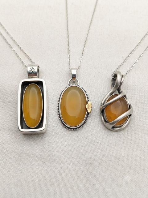 Honey Yellow Agate Pendants, Honey-yellow agate; rectangle, round and wrapped settings