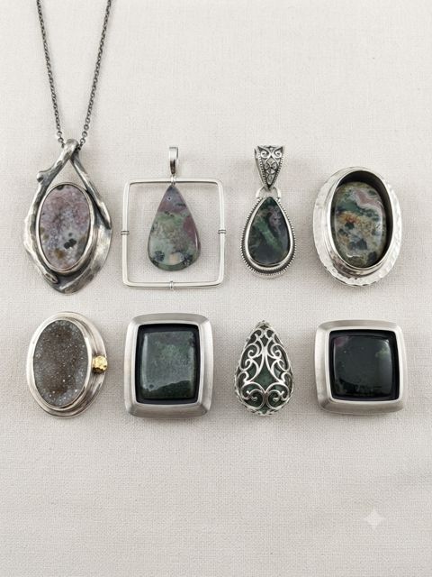 Druzy & Moss Agate Pendants, Sparkling druzy agate and dark green moss agate in square and wrapped settings