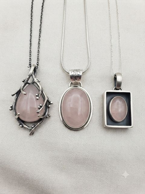Rose Quartz Pendants, Soft pink rose quartz; branch-wrap, oval and framed settings