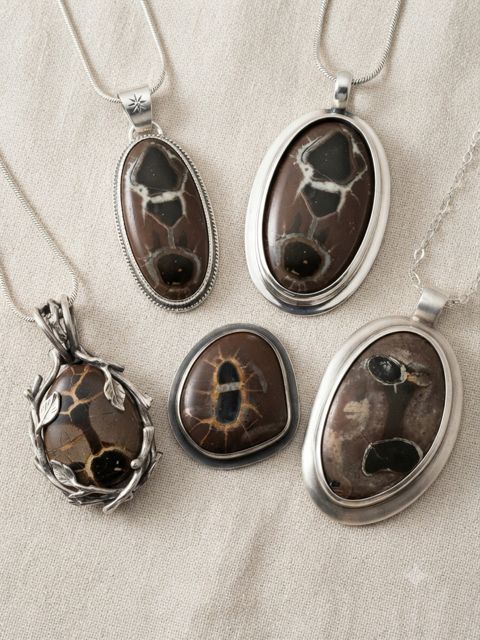 Septarian Pendants, Septarian nodule: brown clay with cream calcite veining