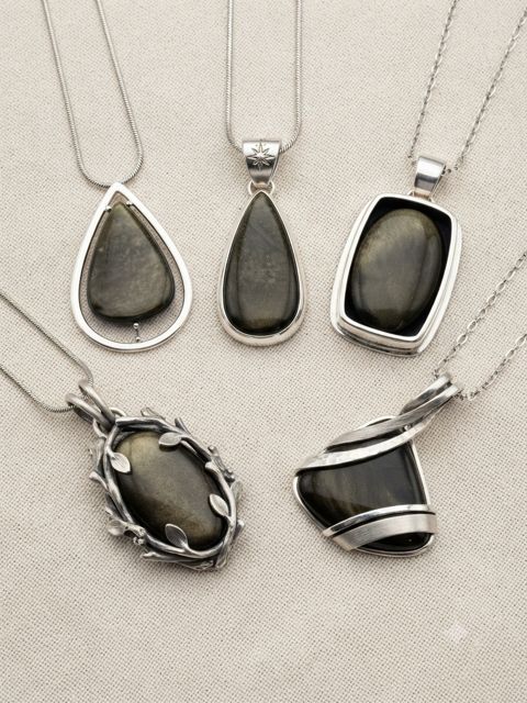 Golden Sheen Obsidian Pendants, Black obsidian with a golden sheen; teardrop, rectangle and wrapped settings