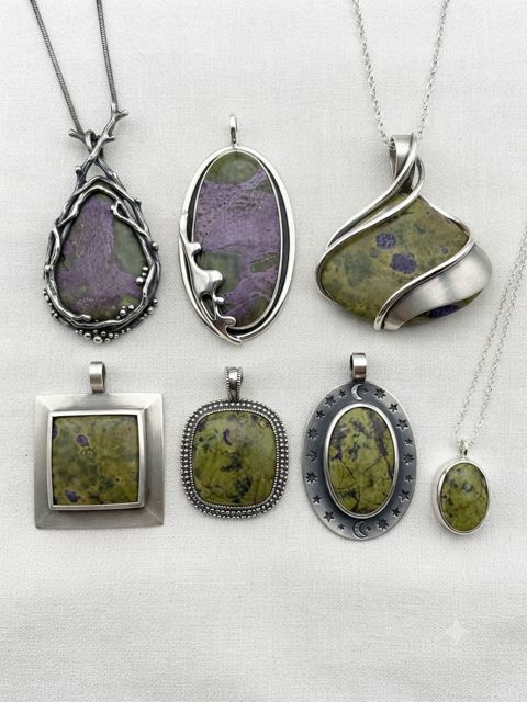 Stichtite & Serpentine Pendants, Purple stichtite in olive serpentine, and green serpentine