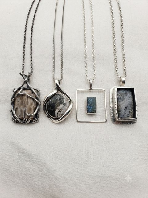 Petrified Wood & Blue Stone Pendants, Grey-cream petrified wood and blue-grey stones