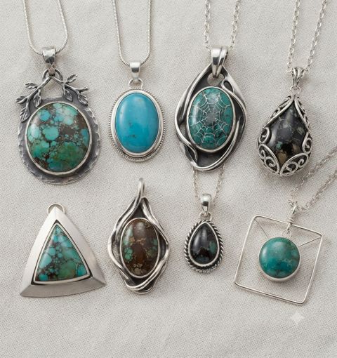 Turquoise & Matrix Pendants, Blue and green turquoise with spiderweb matrix; round, oval, triangle and open-frame settings
