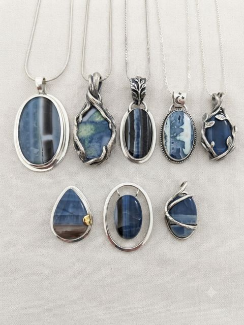 Blue Banded Agate Pendants, Blue and white banded agate; oval, wrapped and teardrop settings