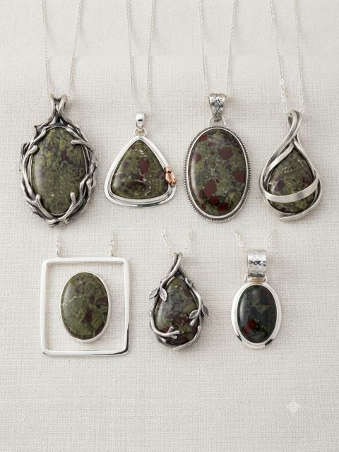 Dragon Blood Jasper Pendants II, Green jasper with red flecks; wrapped, triangle and open-frame settings