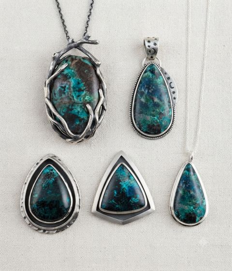 Chrysocolla Pendants, Teal and blue chrysocolla; teardrop, triangle and wrapped settings