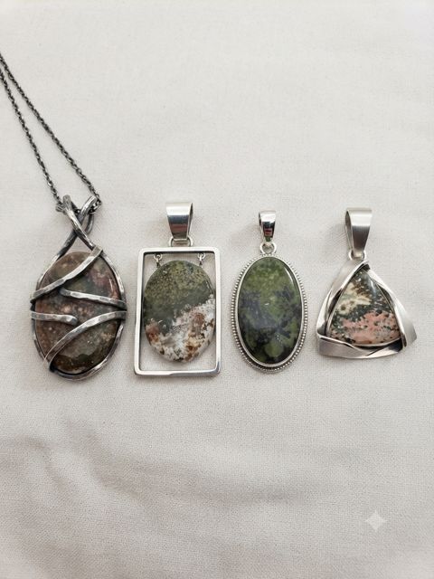 Rose & Green Jasper Pendants, Rose, green and white jasper; wrapped, framed and triangle settings