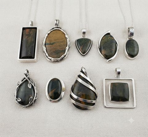 Hawk's Eye & Bloodstone Pendants, Blue-green hawk's eye and dark green bloodstone; rectangle, oval and wrapped settings