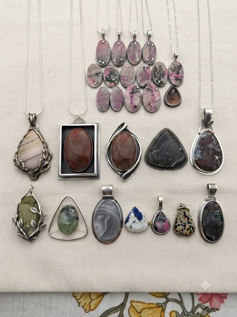 Mixed Gemstone Pendants, Assorted semi-precious stones: rhodonite, agate, jasper, lapis and more