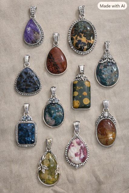 Colourful Gemstone Pendants, Assorted colourful semi-precious stones in decorative silver-finish settings