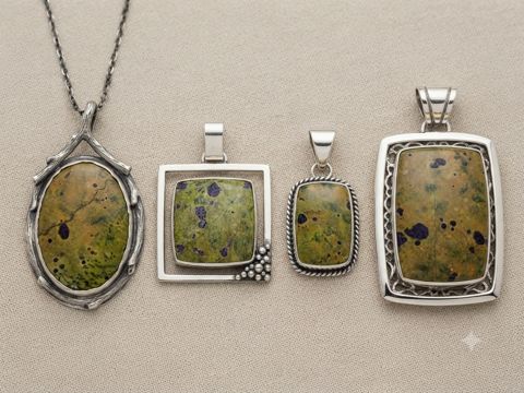 Atlantisite Pendants, Olive-green serpentine with purple stichtite flecks (atlantisite); oval, square and open-frame settings