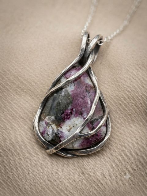 Eudialyte Wire-Wrap Pendant, Pink-magenta eudialyte with white and grey, in a hammered wire wrap