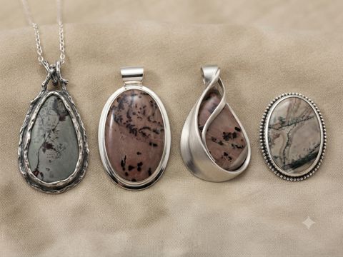 Rhodonite & Picture Jasper Pendants, Pink rhodonite with black flecks and grey picture jasper