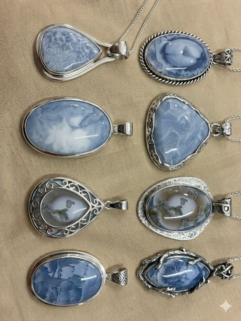 Blue Chalcedony & Moss Agate Pendants, Blue-white chalcedony and moss agate; teardrop, oval and wrapped settings