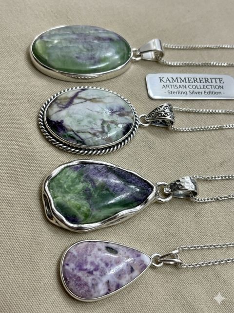 Kammererite Pendants, Green and purple kammererite; oval, teardrop and wrapped settings
