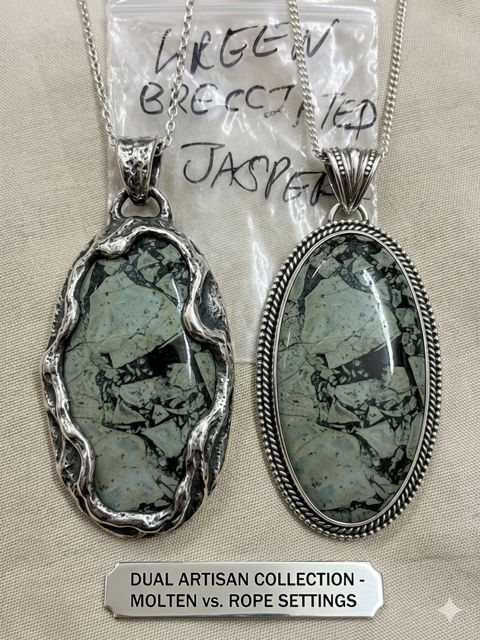 Green Brecciated Jasper Pendants, Grey-green brecciated jasper with black veining; molten and rope settings